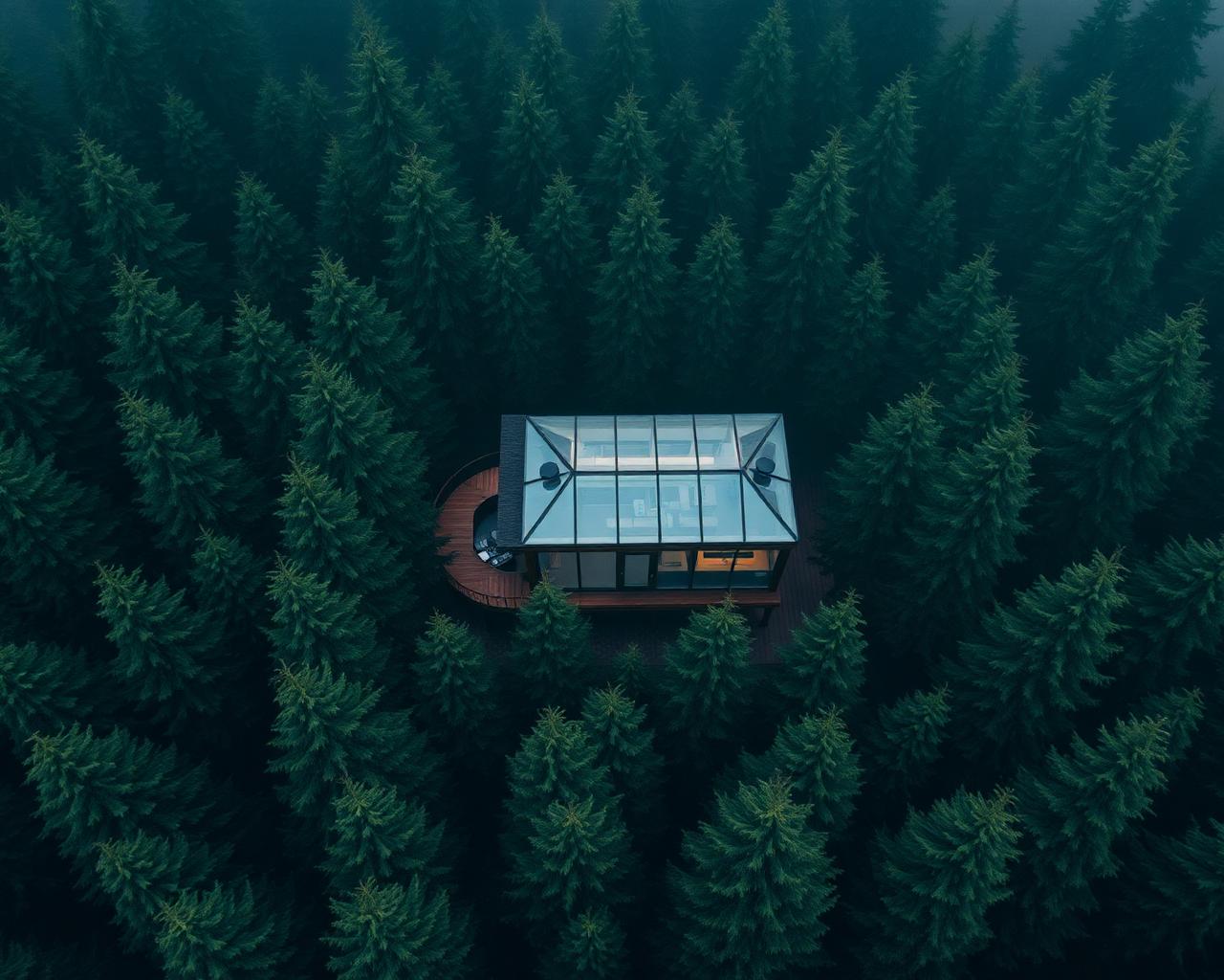 Aerial view of forest cabin