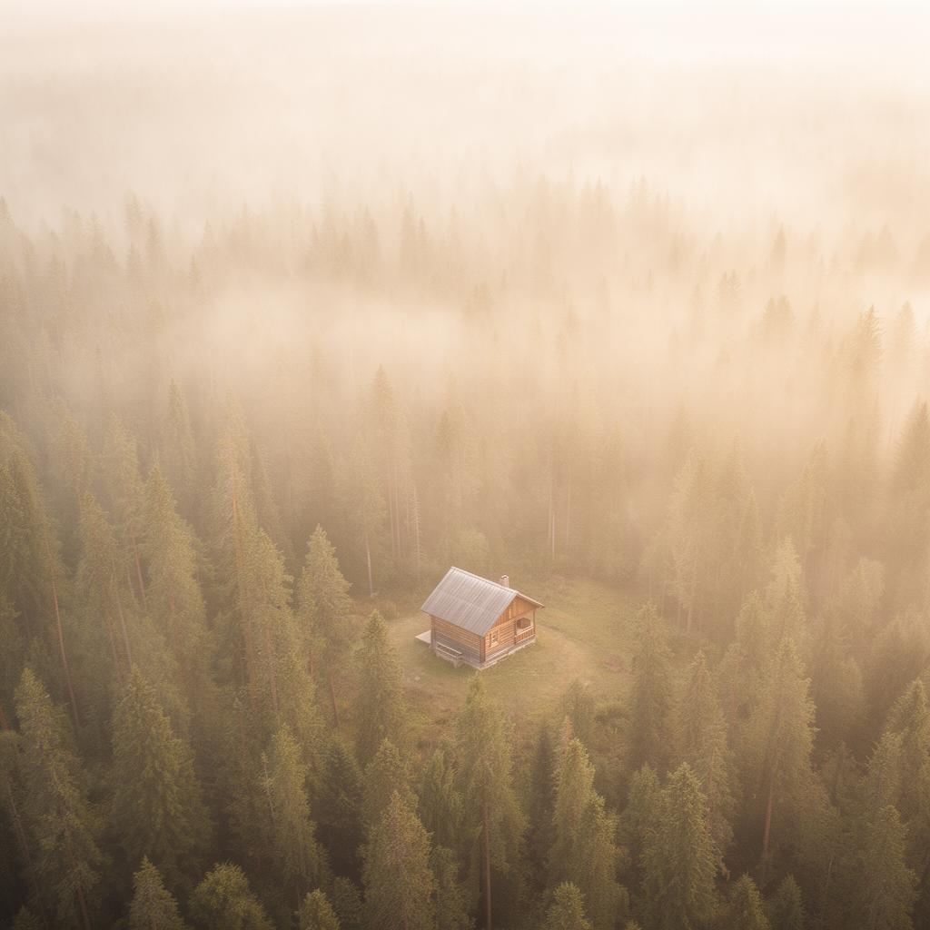 Aerial view of forest cabin