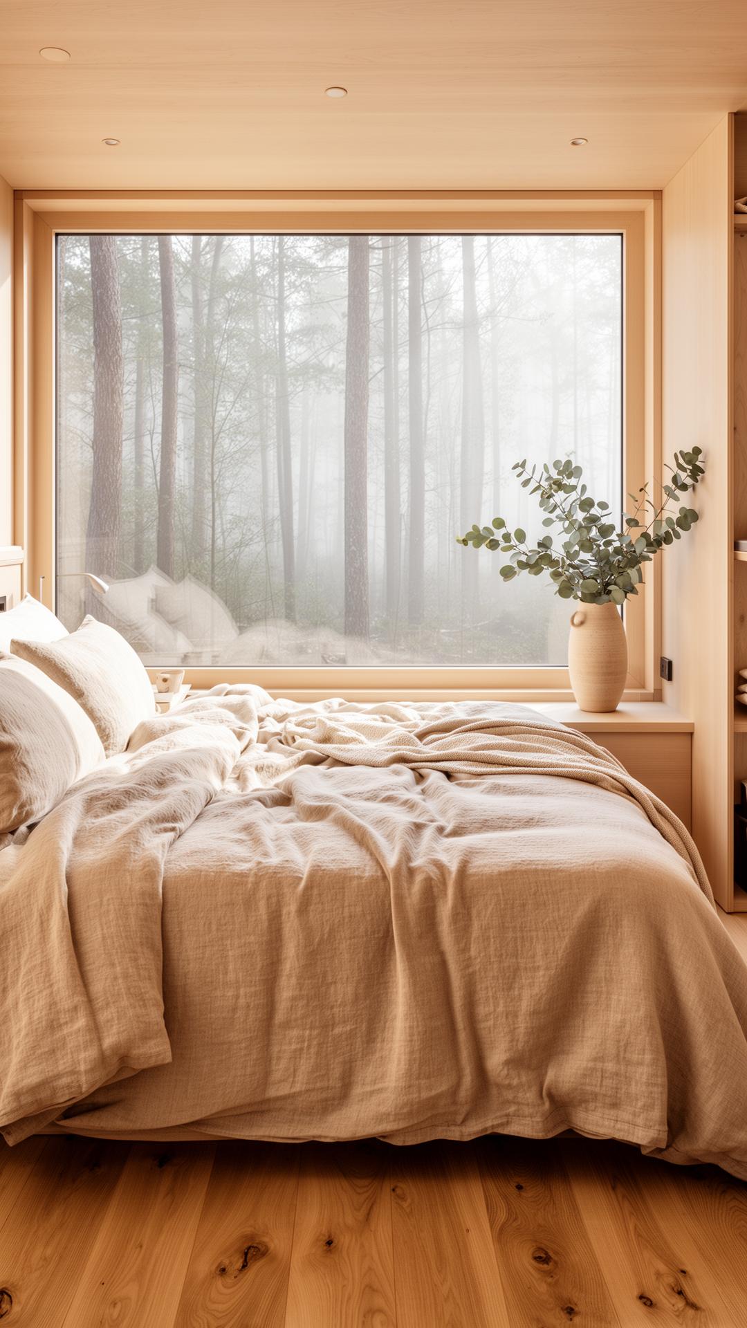 Linen bed inside a glass forest cabin