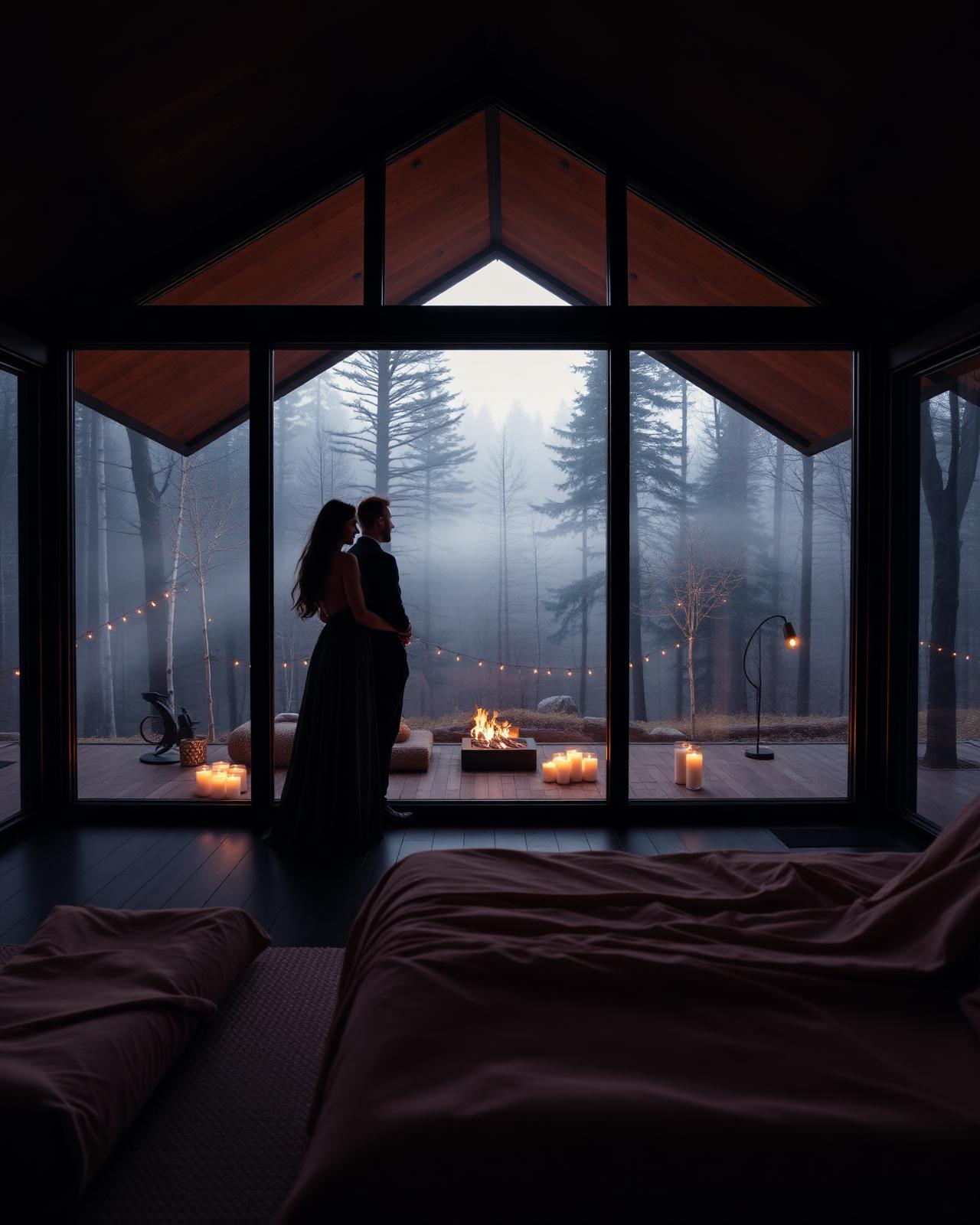 Couple in glass cabin overlooking misty forest